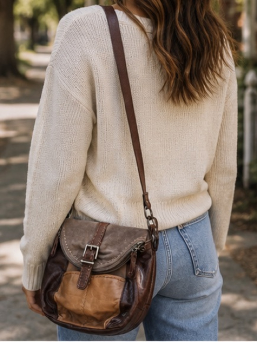 The Sak Deena Flap Fold Over Leather Brown Patchwork Crossbody Purse adjustable